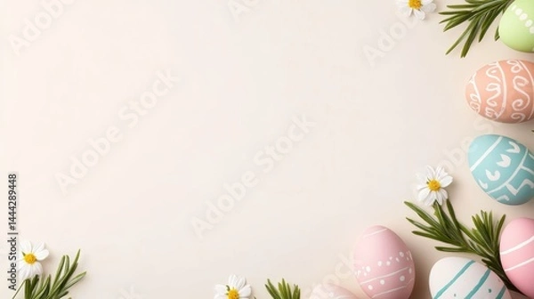 Obraz Colorful Easter eggs and spring flowers on pastel colored background and festive decorations.