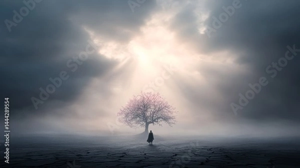 Obraz post-apocalyptic city with a single blooming tree in the center, cracked earth, lonely survivor in cloak, sunbeam breaking through clouds, hope symbolism.