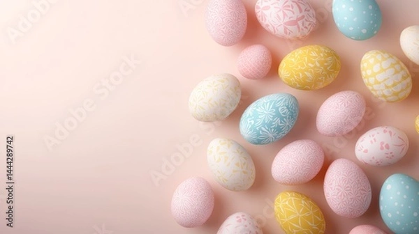 Fototapeta Colorful Easter eggs with floral and geometric patterns on pastel background. Modern vector style.
