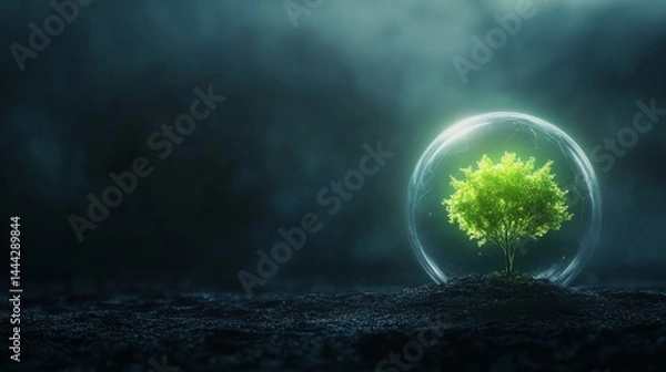 Obraz single glowing tree inside a glass dome in a dead wasteland, sci-fi environmental theme, dark skies, green light, nature preservation.