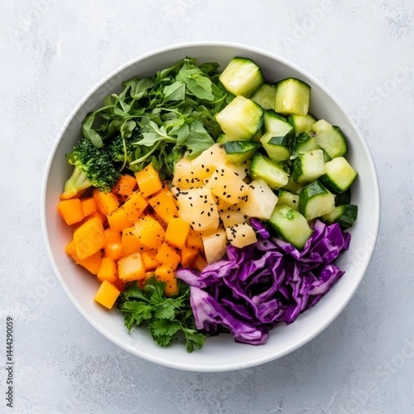 Obraz Top view of vegetarian food bowl with colorful vegetables, white plate, white background.