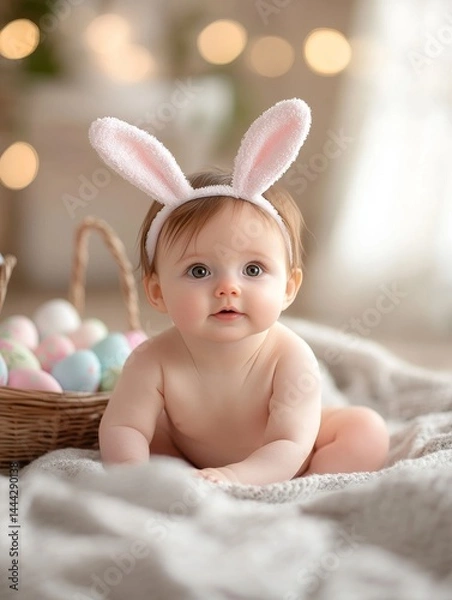 Obraz ultra-realistic baby under 1 year old wearing soft bunny ears headband, sitting on a cozy blanket next to an Easter basket filled with colorful eggs and flowers.