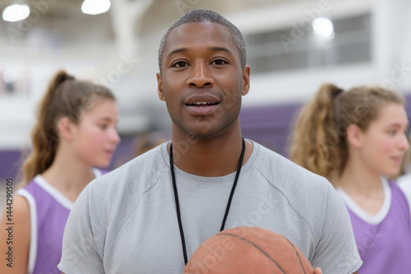 Obraz A physical education teacher standing in a school gymnasium, holding a basketball. The angle is shot from below. Surrounding the teacher are teenagers, 13-14 years old, in sports u