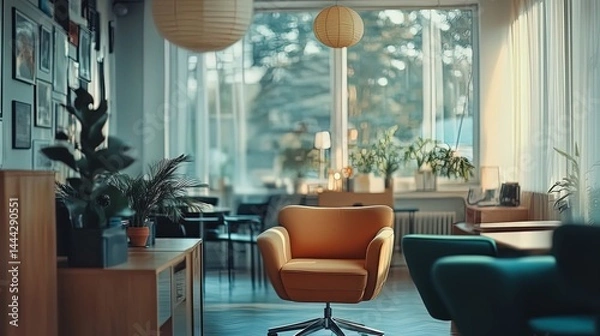 Fototapeta transform your space with a bold geometric workspace poster: energizing designs featuring colorful accents and ergonomic furniture for creative inspiration