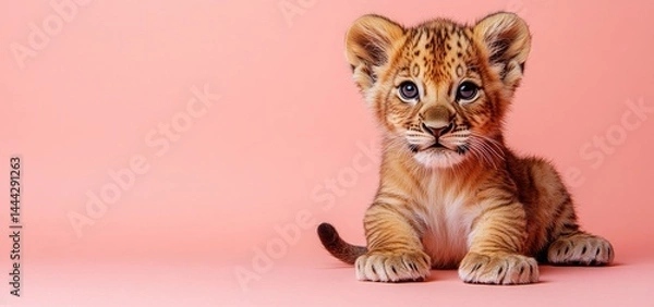 Fototapeta Adorable Lion Cub on Pink Background: A Captivating Portrait of a Young Lion