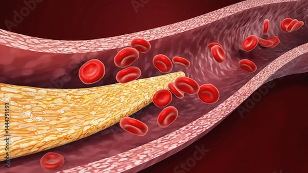 Fototapeta Illustration of blood flow with red blood cells in an artery with fatty deposits.