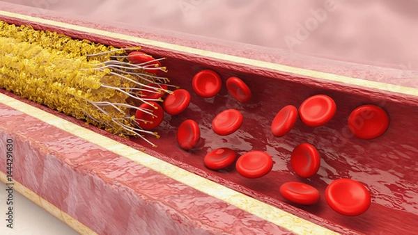 Fototapeta Illustration of blood flow in an artery showing red blood cells and fat deposits.