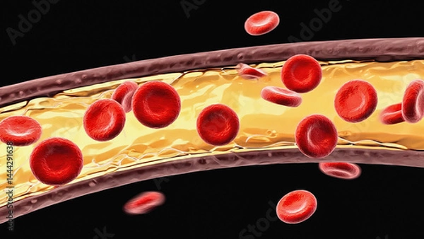 Fototapeta Illustration of red blood cells flowing through a blood vessel in the human body.