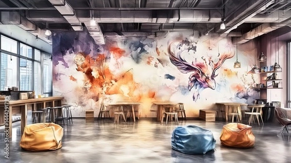 Fototapeta transform your space with a vibrant workspace poster: bold geometric patterns, colorful accents, and ergonomic furniture for an energizing and creative environment!