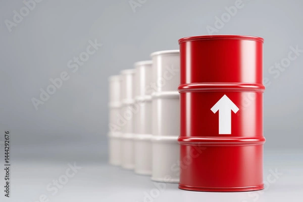 Obraz Red arrow pointing up on oil barrels with a gray background