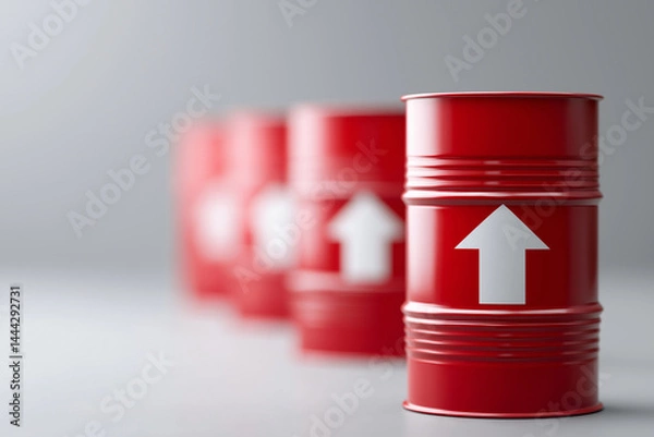 Obraz Red arrow pointing upward on oil barrels, representing a rising market and growth concept. Gray background with ample copy space.