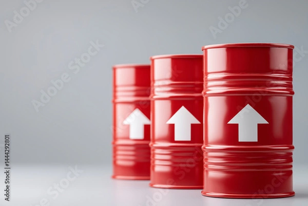Obraz Red arrows pointing upward on oil barrels with a grey background, standing side by side, a stock market concept of rising gas and energy costs, financial insecurity or failure.