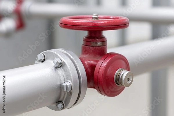 Obraz Close-up of a red fire maintenance valve on a pipe in a building. 