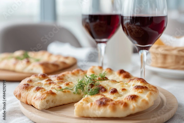 Obraz A delicious traditional Georgian khachapuri with two glasses of red wine on the table in a modern restaurant, blurred background, copy space concept