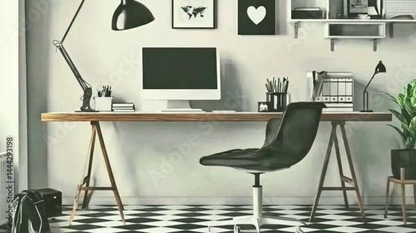 Fototapeta enhance your home office with a stunning poster: a workspace featuring floating shelves, a minimalist desk, and monochrome decor for ultimate productivity!