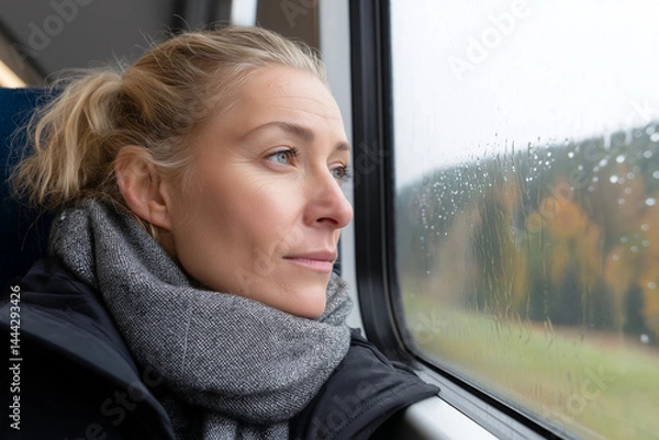 Obraz A close-up photo of the window on an old train, with blonde woman looking out at nature. She has her hair tied back and is wearing black jacket 