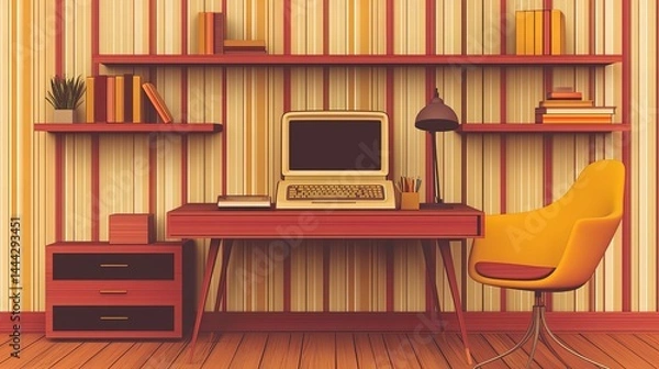 Fototapeta elevate your productivity: minimalist workspace with floating shelves and monochrome decor - perfect for a home office poster or stylish interior design inspiration!