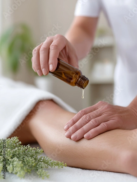Obraz A professional massage therapist applying oil on the hands of an athlete lying down in a spa setting, with warm lighting and green plants adding to its tranquil ambiance. 