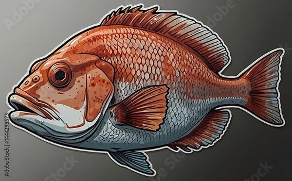 Fototapeta A colorful sticker of a snapper fish, notable for its bright eyes and artistic representation.