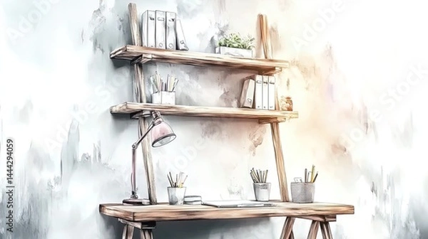 Fototapeta elevate your workspace: a stunning poster of a minimalist desk with floating shelves and monochrome decor, perfect for inspiring productivity and style in any modern interior