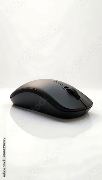 Fototapeta A black wired computer mouse with ergonomic shape placed on solid plain white background

