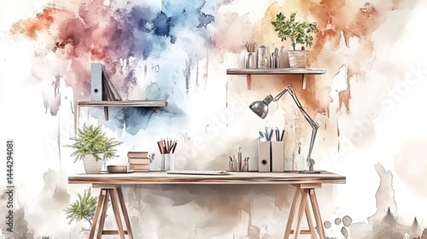 Fototapeta elevate your workspace: a stunning poster of a minimalist desk with floating shelves and monochrome decor, perfect for inspiring productivity and style in any modern interior