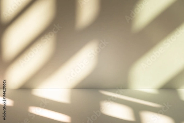 Fototapeta Wall interior background, studio and backdrops show products. with leaf shadow from window color beige and white. background for text insertion and presentation of product	