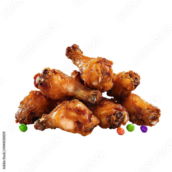 Obraz Crispy golden fried chicken drumsticks stacked with colorful peppercorns isolated on a white background perfect for food photography and menu design