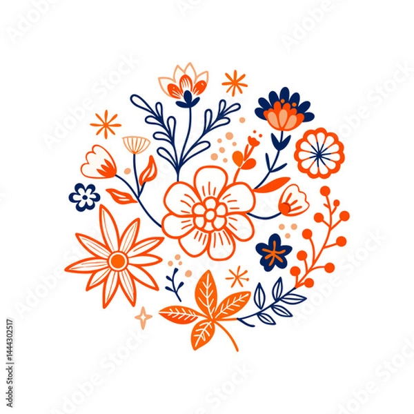 Fototapeta Colorful Hand-Drawn Floral Composition in Circle Frame