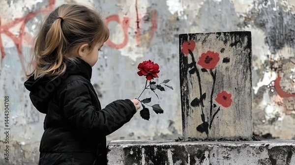 Fototapeta hope and remembrance: a heartwarming poster of a young child placing a flower at a memorial, perfect for inspiring sports interiors and celebrating resilience
