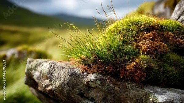 Fototapeta Green moss on beautiful landscape with natural colours concept. Close-up view of lush green moss on rocks.