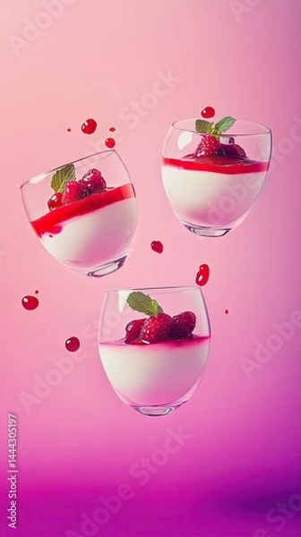 Fototapeta Panna cotta background, creamy panna cotta with berry coulis, floating on a soft gradient backdrop