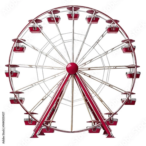 Obraz Large Ferris wheel with red cabins and metal structure against clear sky, amusement park attraction, outdoor fairground ride, modern design and enginee