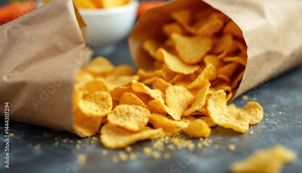 Fototapeta Corn chips spilling from a paper bag onto dark surface, with soft lighting and bokeh.

