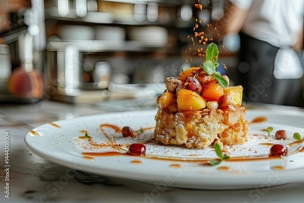 Fototapeta Peach Cobbler, Close-up Shot right view, served on a white plate, background of kitchen