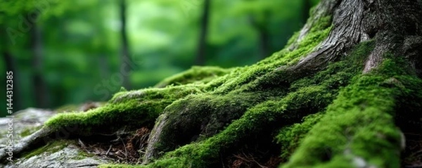 Fototapeta Green moss on beautiful landscape with natural colours concept. Moss-covered tree roots in the forest.