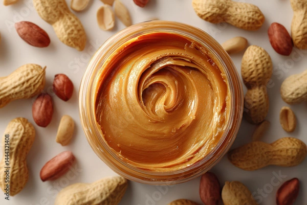 Fototapeta Peanut Butter Delight:  A close-up shot of creamy peanut butter in a glass jar, surrounded by peanuts in their shells, creates a tempting visual for nut butter lovers and fans of healthy snacks. 
