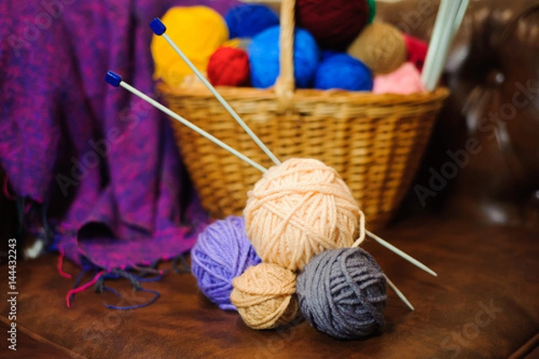 Obraz color knitting and balls in the basket