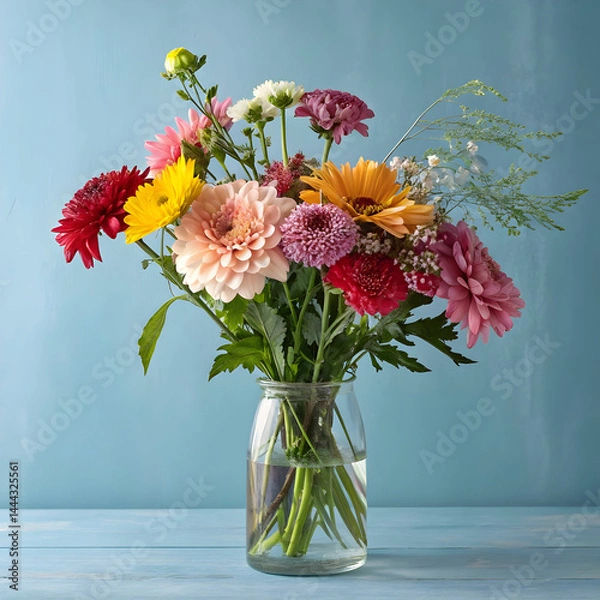 Obraz various flowers in a glass on the blue background
