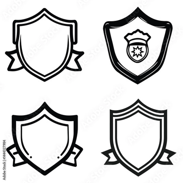 Fototapeta Black outline Shields collection set, Police badge with star, Ribbon decorations vector