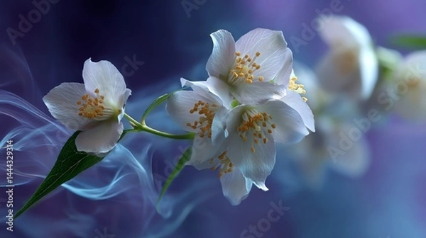 Obraz Blooming Jasmine Flowers with Blue Smoke on a Dark Moody Background