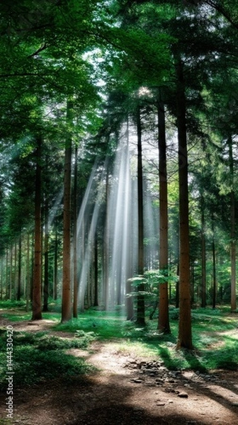 Obraz Sunlight breaks through lush green forest trees.