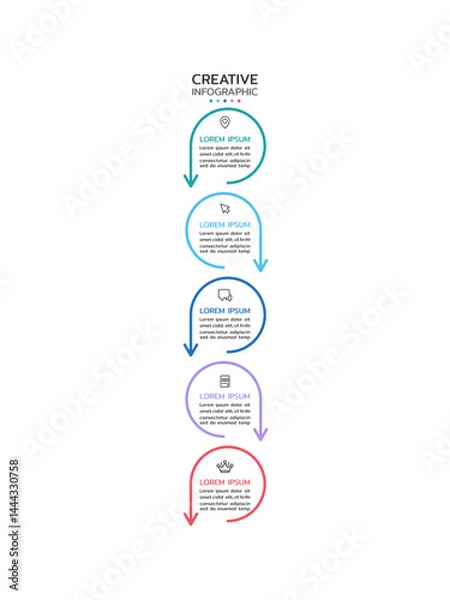 Obraz Creative infographic template showing a vertical flow of five connected circles with a subtle gradient from teal to pink. Each circle contains an icon and text area, connected by downward arrows.