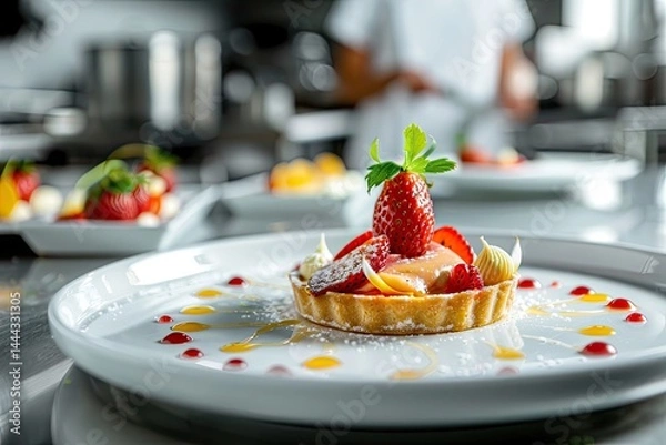 Fototapeta Strawberry Tart, Close-up Shot right view, served on a white plate, background of kitchen