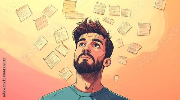 Fototapeta A thoughtful man looks up as notes and papers float around his head, symbolizing ideas, creativity, or brainstorming.