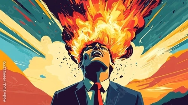 Obraz A man in a suit stands with his head exploding into flames and light, symbolizing intense emotion or mental overload in a vibrant, abstract style.