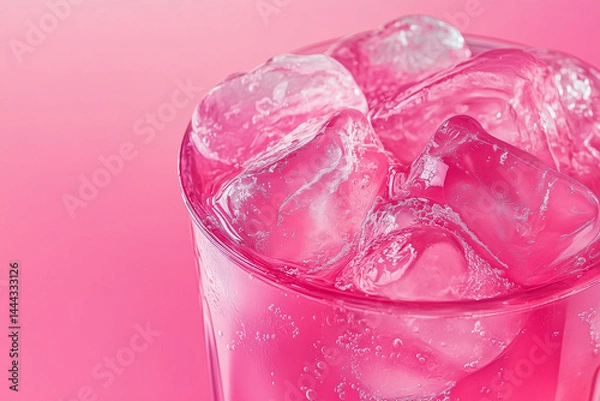 Obraz close up of ice cubes in pink lemonade on pink background with copy space