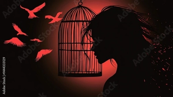 Fototapeta A silhouette of a woman"s profile with birds flying from an open cage, symbolizing freedom and escape, set against a red background.