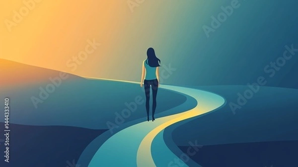 Fototapeta A lone woman walks along a winding path toward the horizon under a colorful sky, symbolizing journey and self-discovery.