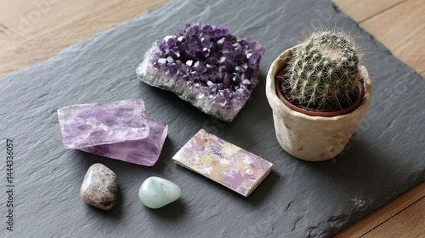Obraz Three oracle cards with unique symbols are arranged alongside amethyst stones and a small cactus on a dark slate surface, enhancing a mystical atmosphere